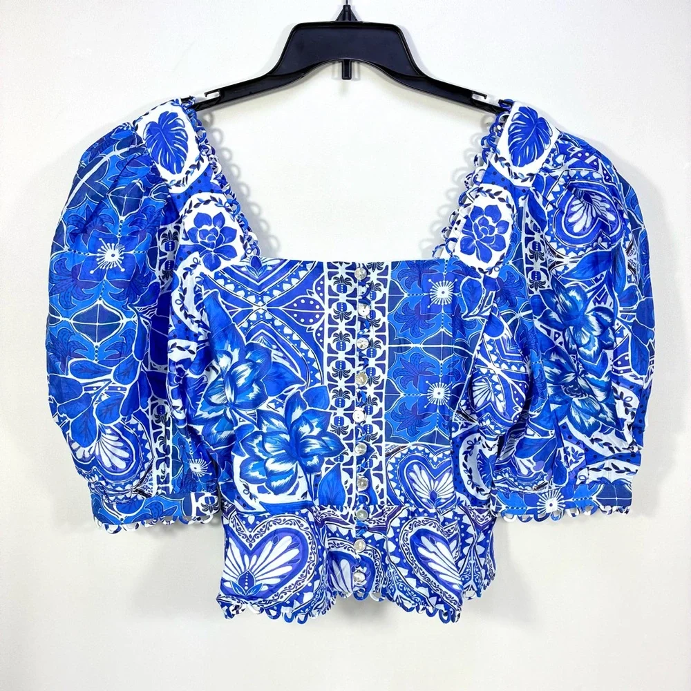 FARM Rio Tile Dream Cotton Puff Sleeve Peplum Top Blouse Blue White Large NWT